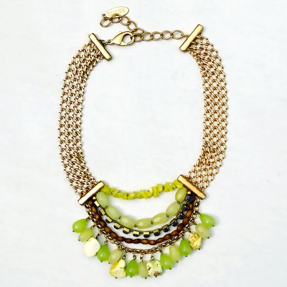 Chico's Women's Gold Link Chain Necklace with Green Gemstones and Wooden Beads - Picture 2 of 3